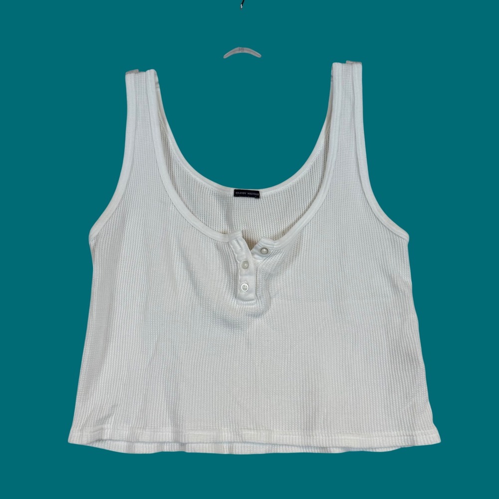 Brandy Melville White Thermal Henley Tank Top Cropped Cotton‎ •OS• Y2K Soft Girl
